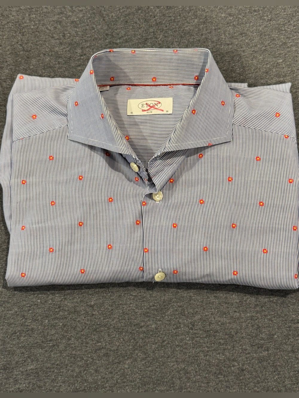 Eton Slim Fit Blue Stripe Floral Dress Shirt 41/16 Luxury Cotton